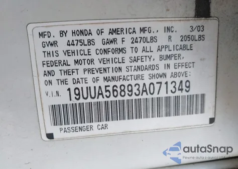 2003 Acura Tl 3.2 Type S from USA, damaged, VIN 19UUA56893A071349